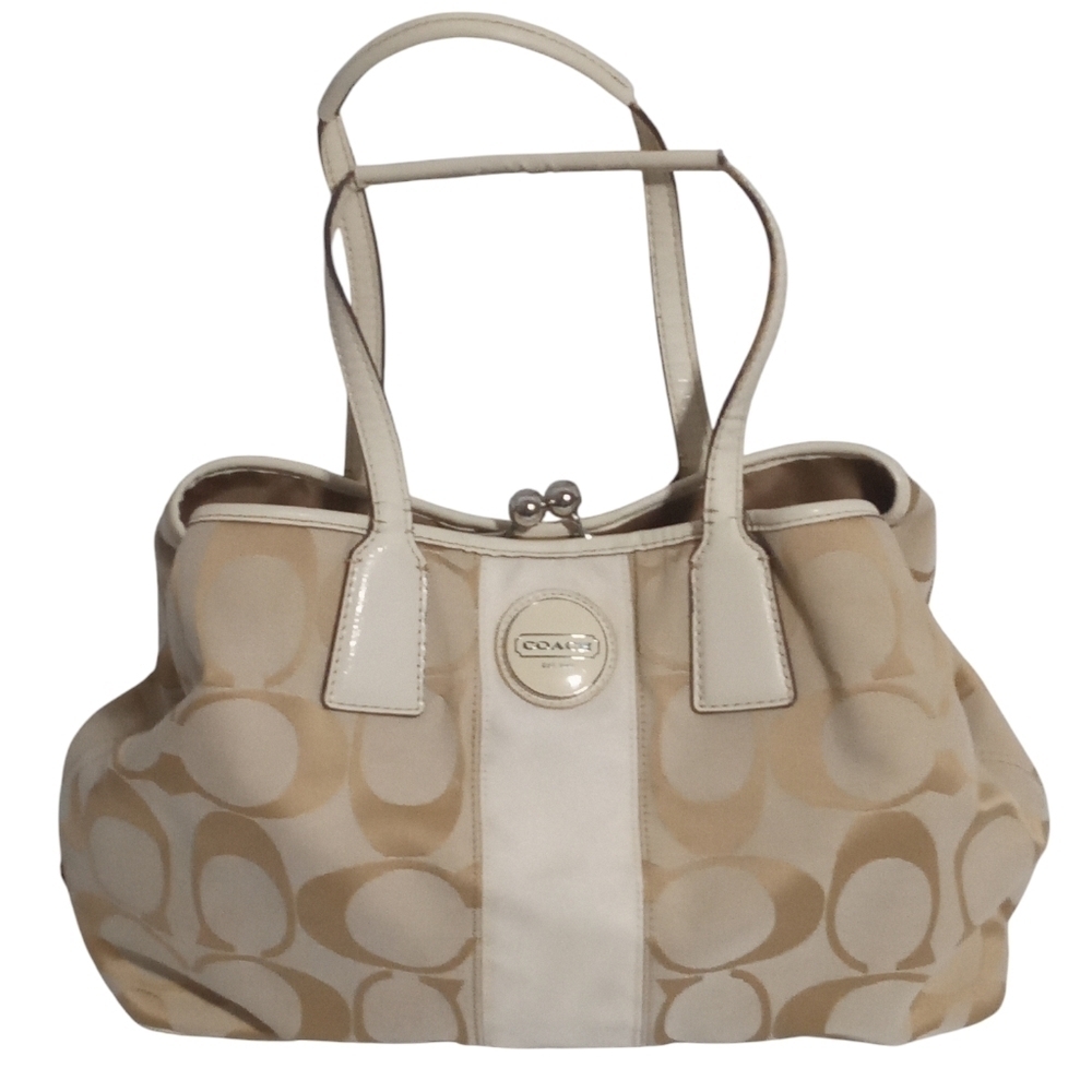 Coach Jacquard Fabric Vintage C Monogram Kiss Lock Beige Cream Leather Trim